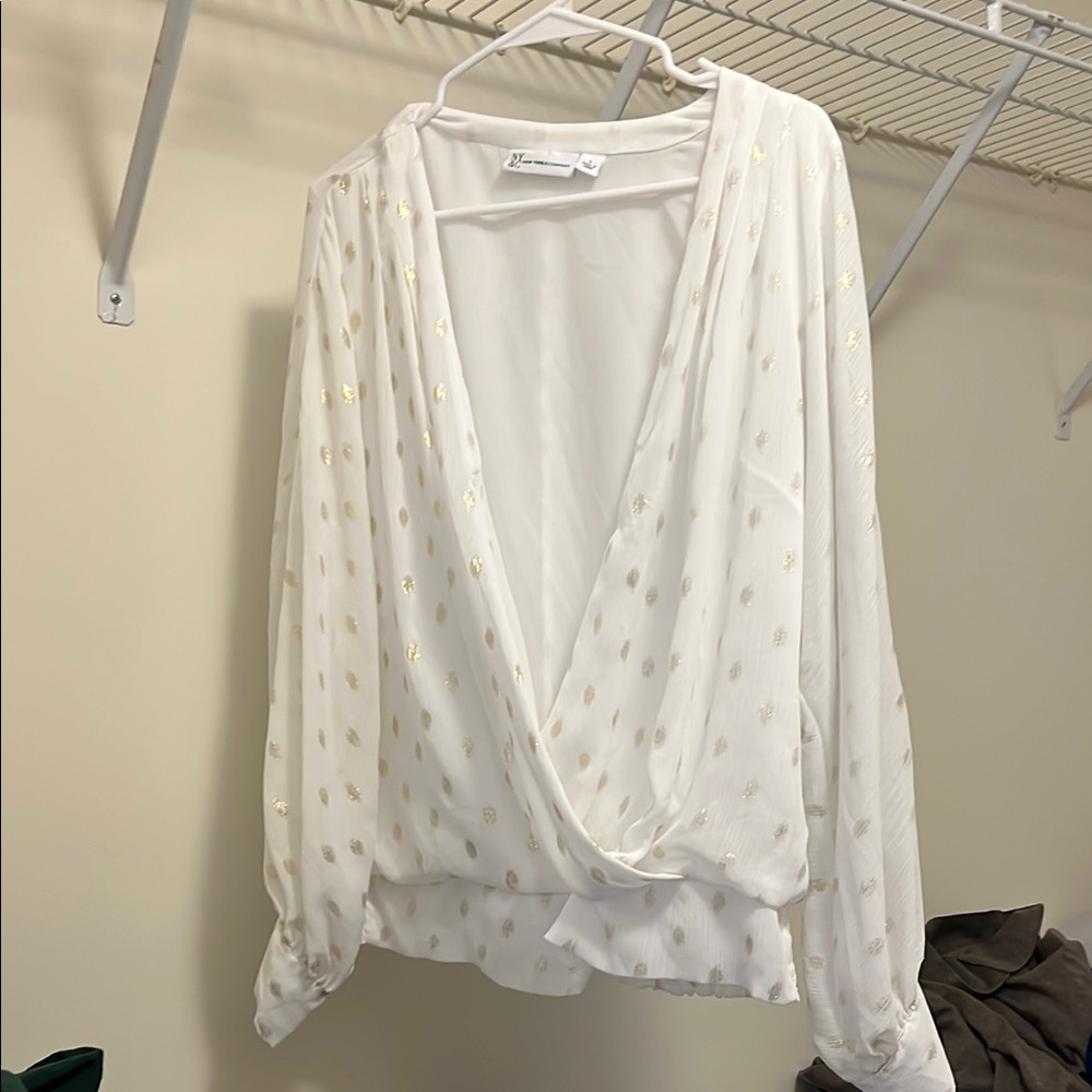 New York & Company White Wrap Blouse Long Sleeve Relaxed